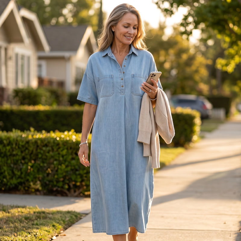 Lässiges Midi-Hemdkleid aus Denim mit Taschen